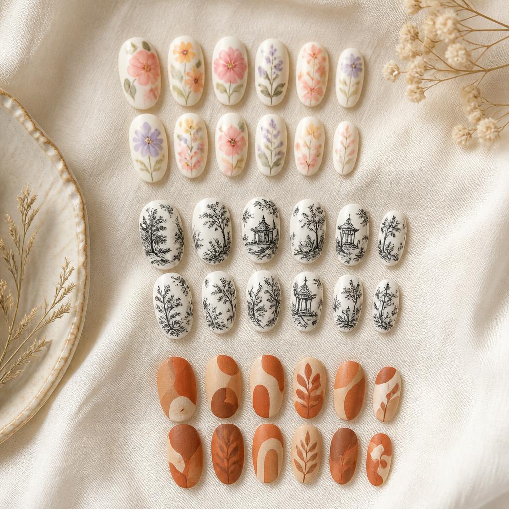 Collection of 3D-printed press-on nail sets in chrome, pearl, floral, and glitter finishes