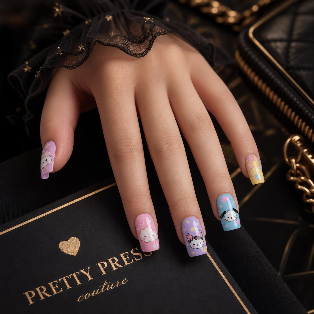 Young girl wearing playful cartoon-themed press-on nails by Nylon Pressons